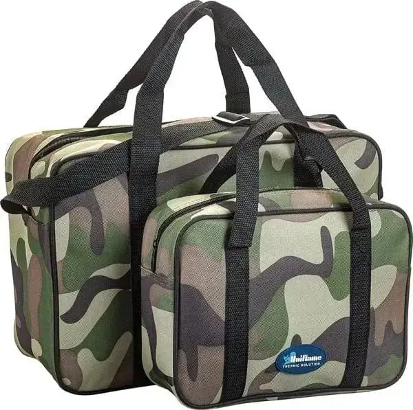 Set 2 borse termiche da campeggio con fantasia militare, una da 24 lt e una da 7 lt, ideali per mantenere freschi cibi e bevande all'aperto.