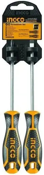 Set 2 cacciaviti croce-taglio Ingco con impugnatura ergonomica e lame in acciaio al cromo-vanadio, ideali per lavori di fissaggio precisi.