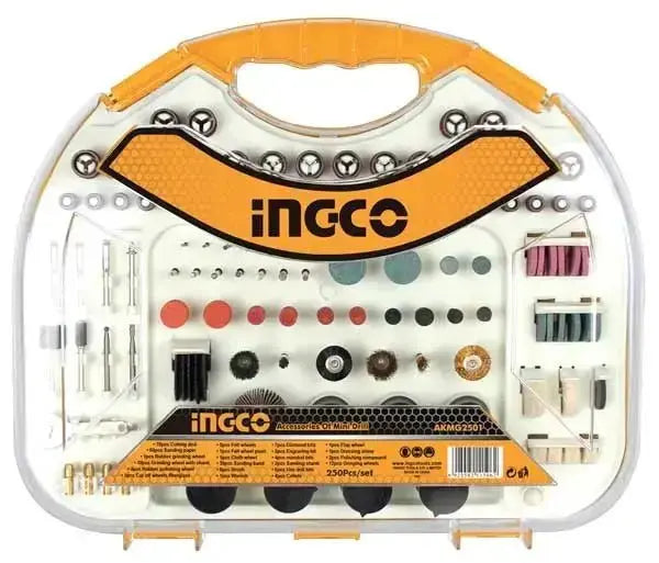 Set 250 accessori per minitrapani Ingco in valigetta trasparente con dischi da taglio, punte, spazzole e carta abrasiva per lavori di precisione.