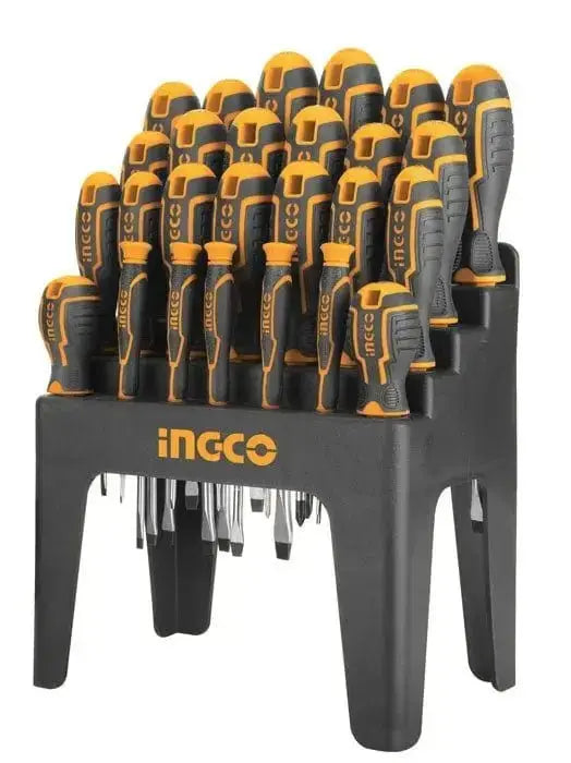Set 26pz cacciaviti croce-taglio-torx INGCO con supporto, impugnature ergonomiche e lame in acciaio Cr-V, ideale per lavori di precisione.