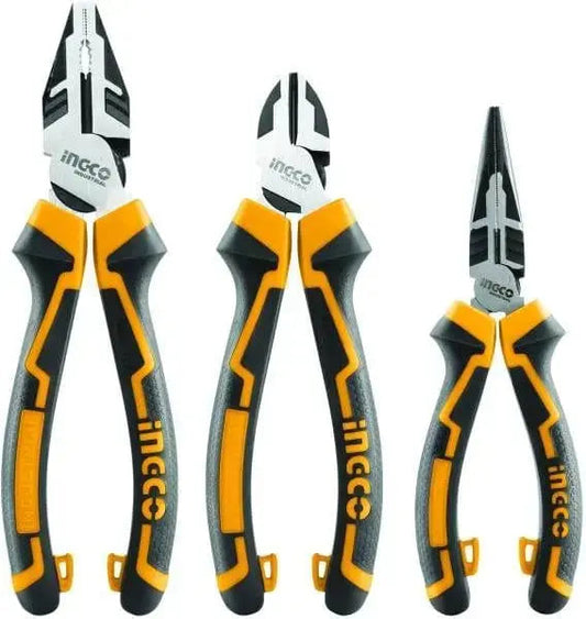 Set 3 pinze professionali Ingco con impugnature TPR bicolore, include pinza universale, tronchese e becco lungo per lavori di precisione.
