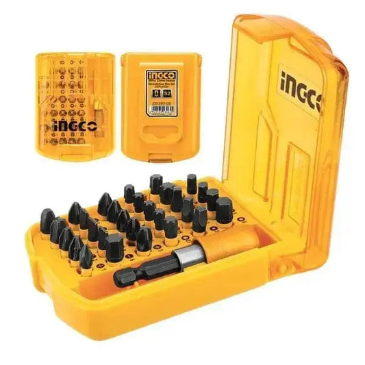 Set 30pz bit impact per avvitatore Ingco con punte da 25mm PZ, PH, SL, T, H, S in custodia rigida gialla, ideale per avvitatori ad impulso.