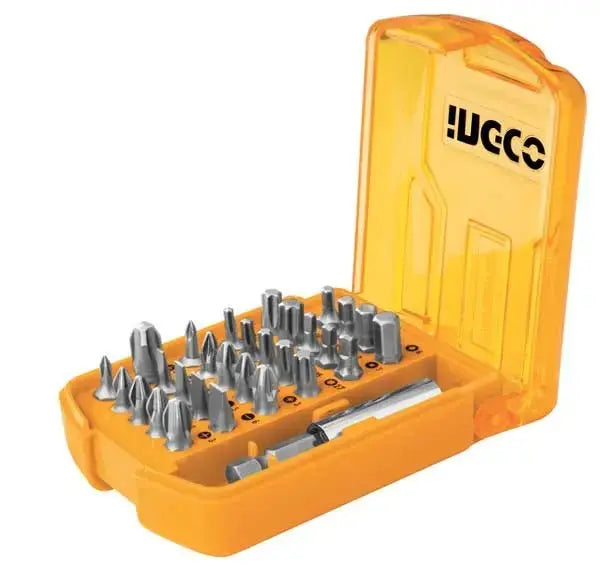 Set 30pz bit per avvitatore INGCO in custodia arancione compatta, ideale per lavori fai-da-te e professionali di avvitatura precisa.