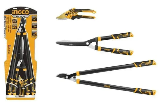 Set 3pz cesoie da pota Ingco con forbici per potatura, cesoie da siepe e troncarami in acciaio temprato, ideali per giardinaggio professionale.