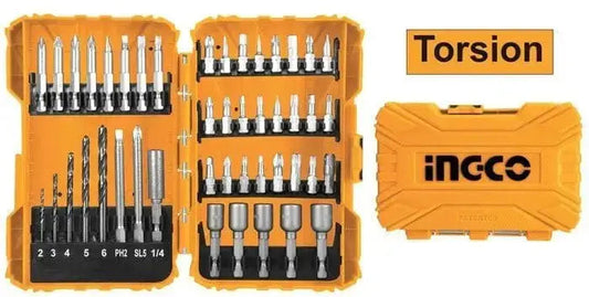 Set 45 punte assortite Ingco in valigetta rigida arancione con punte per metallo, bit e accessori per cacciaviti e avvitatori elettrici.