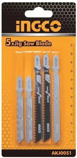 Set 5 lame di ricambio per seghetto alternativo INGCO in blister, con lame HSS e HCS per tagli su legno, metallo e alluminio. Compatibili con seghetti alternativi standard.