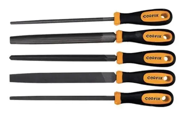 Set 5 lime per acciaio con impugnatura antiscivolo Coofix, sezioni triangolare, quadra, tonda, mezza tonda e piatta, ideale per lavorazioni metalliche