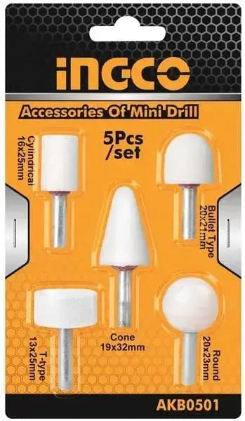 Set 5 mole stelo per minidrill Ingco in blister, con forme cilindrica, a punta, a disco, a T e sferica per lavori di precisione su metallo e legno.