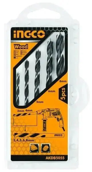 Set 5 punte trapano per legno Ingco in blister trasparente con misure da 3 a 8 mm, ideale per forature precise su legno. Perfetto per utensili fai-da-te.