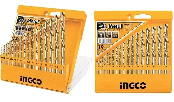 Set 19 punte trapano per metallo Ingco in acciaio HSS, con misure da 1 a 10 mm, confezione arancione richiudibile per uso professionale.