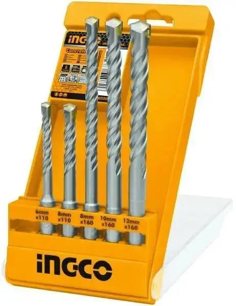 Set 5 punte trapano SDS muratura Ingco con misure da 6x110 a 12x160 mm in box plastica giallo, ideale per forare cemento e mattoni.