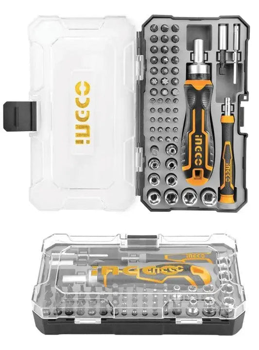 Set 55pz cacciavite INGCO con impugnature ergonomiche, punte intercambiabili e cricchetto in valigetta trasparente per utensili di precisione.