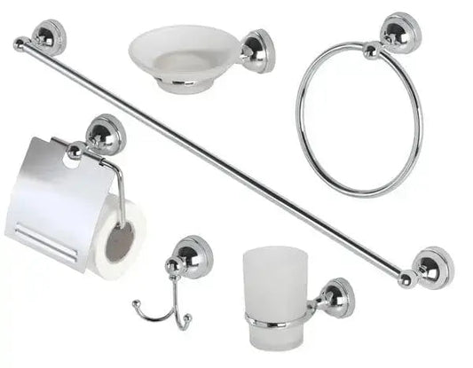 Set 6 Accessori Bagno Cromo e Vetro da Hobby Shop Solution con portasciugamani, portaspazzolino, porta sapone e ganci in stile moderno