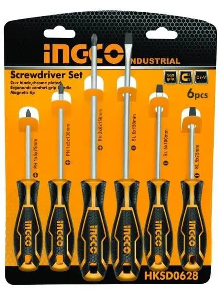 Set 6 cacciaviti croce-taglio INGCO con impugnatura ergonomica e punta magnetica, ideali per progetti fai da te e uso professionale.
