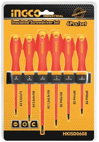 Set 6 cacciaviti isolati Ingco con impugnatura ergonomica e isolamento fino a 1000V, ideale per lavori elettrici in sicurezza.