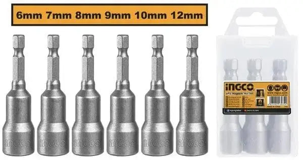 Set 6 portabit magnetici 6-12mm Ingco con attacco 1/4'' HEX, lunghezza 65mm, ideale per lavori di precisione su utensili elettrici.