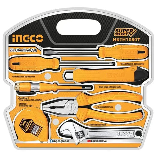 Set 7pz utensili manuali Ingco con cacciaviti, pinza combinata, cutter e chiave regolabile in blister doppio. Ideale per lavori fai da te.