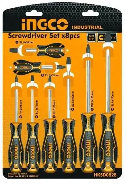 Set 8 cacciaviti croce-taglio Ingco con impugnatura ergonomica e lame in acciaio al cromo-vanadio, ideale per lavori di bricolage e fai da te.