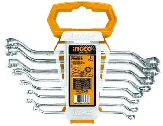 Set 8 chiavi a stella 6-22mm Ingco con supporto in plastica rigida, ideale per uso professionale e fai-da-te in officina o garage.