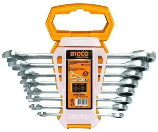 Set 8 chiavi combinate a cricchetto 8-19mm Ingco in acciaio al cromo-vanadio con supporto arancione, ideale per lavori meccanici professionali.