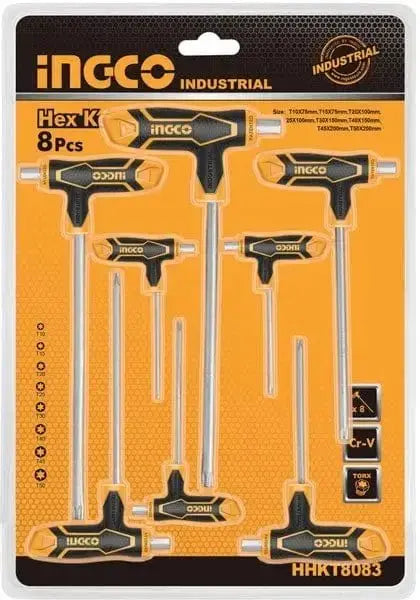 Set 8 chiavi torx a T Ingco in acciaio Cr-V con impugnatura ergonomica, confezionato in blister per utensili professionali e fai da te.