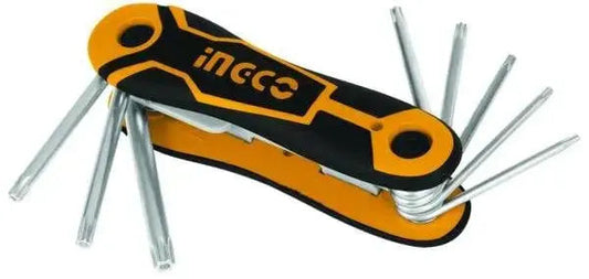 Set 8 chiavi torx pocket INGCO in acciaio al cromo vanadio con impugnatura ergonomica pieghevole, misure da T9 a T40 per uso professionale.