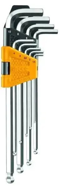 Set 9 chiavi esagonali ball point extra lunghe INGCO in acciaio cromo-vanadio con supporto giallo, ideale per lavori professionali.