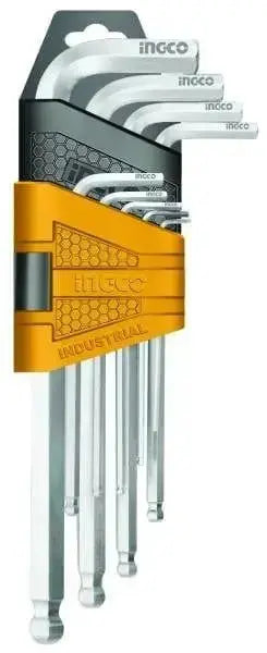 Set 9 chiavi esagonali ball point lunghe INGCO in acciaio al cromo vanadio con supporto giallo, misure da 1,5 a 10mm in blister.