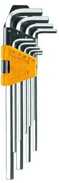 Set 9 chiavi esagonali lunghe Ingco in acciaio Cr-V con finitura cromata, misure da 1,5mm a 10mm, confezionate in blister giallo.