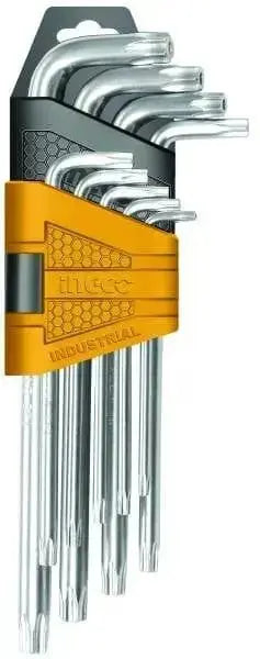 Set 9 chiavi torx con foro lunghe Ingco in acciaio cromo-vanadio con supporto arancione, ideale per lavori di fissaggio professionali.