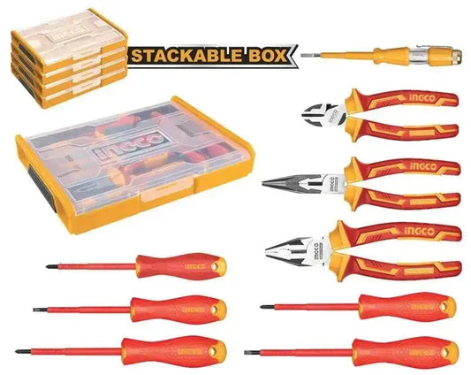 Set 9 utensili isolati con vaschetta INGCO con cacciaviti, pinze e box impilabile ideale per lavori elettrici in sicurezza e trasporto pratico.