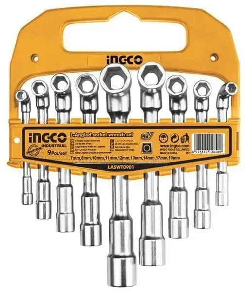 Set 9pz chiavi a tubo a L professionale Ingco in acciaio Cr-V con misure da 7mm a 19mm, ideale per uso industriale e fai-da-te.