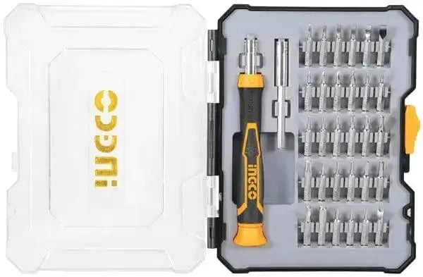 Set di cacciaviti di precisione per smartphone e tablet INGCO con manico ergonomico e 30 punte in valigetta rigida. Ideale per riparazioni elettroniche.