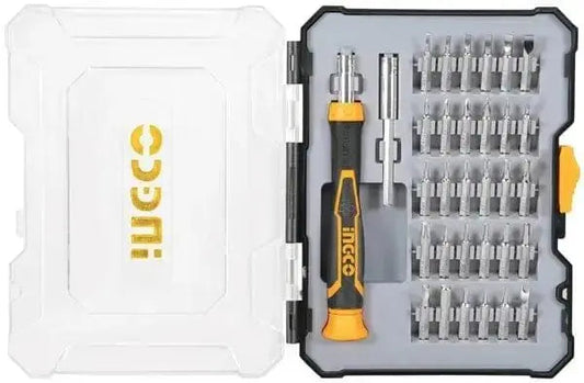 Set di cacciaviti di precisione per smartphone e tablet INGCO con manico ergonomico e 30 punte in valigetta rigida. Ideale per riparazioni elettroniche.