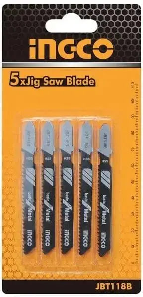 Set lame ricambio metallo per seghetto alternativo Ingco da 5 pezzi, ideali per taglio metallo HSS con passo 1.9-2.3mm. Compatibili con seghetti alternativi standard.