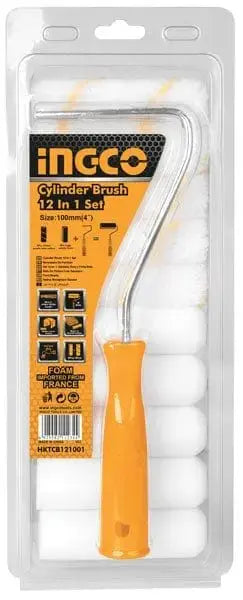 Set rullo 10cm 12pz INGCO con manico ergonomico arancione e 11 ricariche, ideale per pittura su muri interni. Include rulli acrilici e in poliestere.