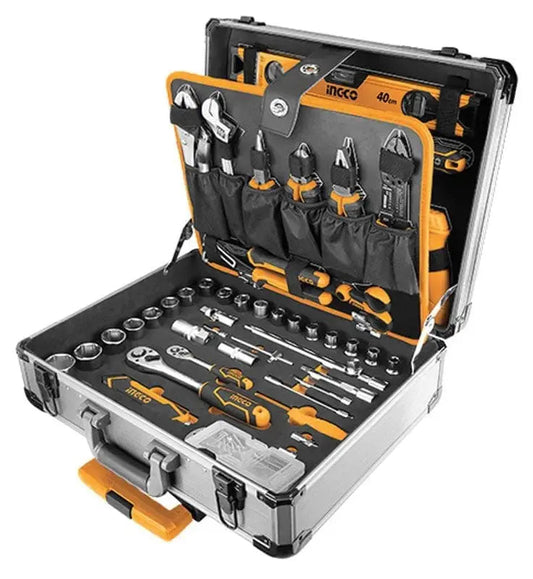Set utensili 147pz in valigetta con ruote e manico Ingco in alluminio, completo di chiavi, cacciaviti e accessori per bricolage e manutenzione.