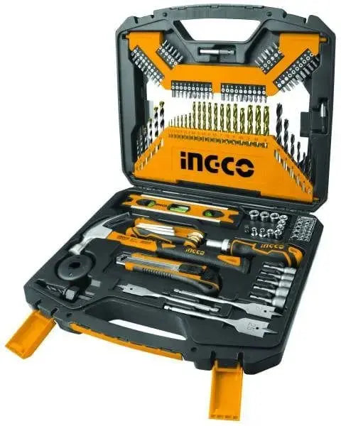 Set utensili in valigetta 120pz Ingco con punte per muratura, legno e HSS, chiavi, martello, livella e bit da 25mm ben organizzati.