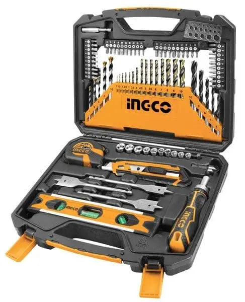 Set utensili in valigetta 86pz Ingco con punte, bit, livella, cutter e accessori per fai da te, ideale per legno, metallo e muratura.