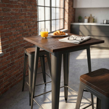 Tavolino alto con piano in legno e struttura in acciaio 60x60x103 cm