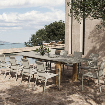 Tavolo alluminio verniciato grigio con gambe effetto legno 233-296x100x76 cm