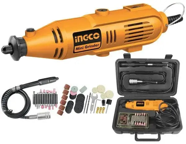 Smerigliatrice a stelo 130W Ingco con 52 accessori e valigetta rigida, ideale per lucidatura e smerigliatura di precisione.