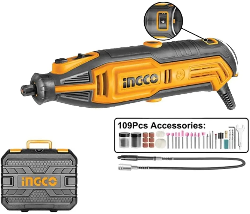 Smerigliatrice a stelo Ingco 130W con 109 accessori, impugnatura ergonomica e valigetta, perfetta per lavori di bricolage e hobbistica.