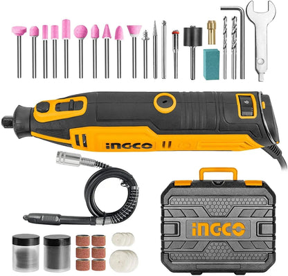 Utensile multifunzione Ingco 130W con accessori per smerigliatura, lucidatura e foratura, completo di valigetta rigida professionale.