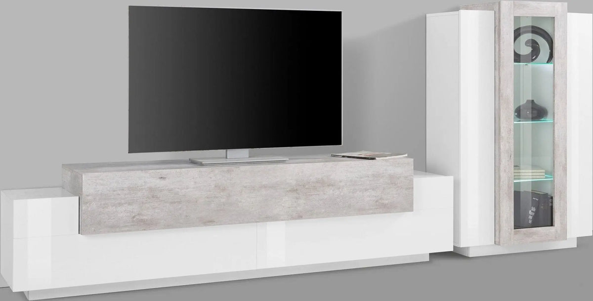 Soggiorno CORO: Porta TV + Vetrina Bianco Lucido con Elemento Cemento Porta tv Web forniture   