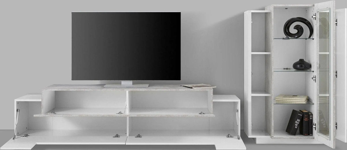 Soggiorno CORO: Porta TV + Vetrina Bianco Lucido con Elemento Cemento Porta tv Web forniture   