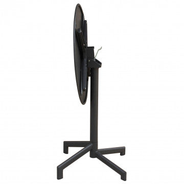Profilo laterale del Tavolo Vega ø 60 nero con piano ribaltabile, struttura salvaspazio per giardini e balconi.
