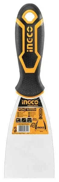 Spatola con manico Ingco in acciaio inox con impugnatura ergonomica nera e gialla, ideale per lavori di rasatura e stuccatura.