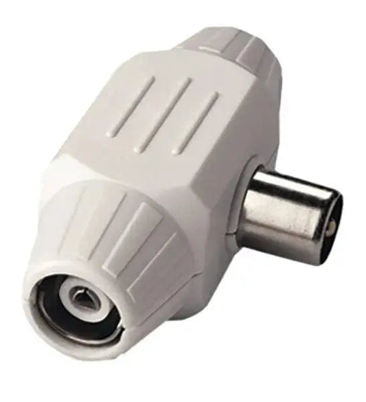 Spina coax tripla induttiva bianca con 1 spina e 2 prese coassiali, ideale per accessori TV e impianti elettrici domestici.