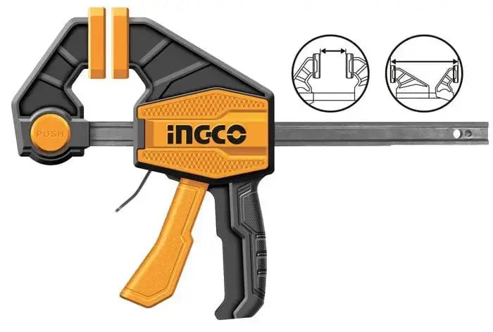 Strettoio a sgancio rapido Ingco con impugnatura ergonomica e barra in acciaio, ideale per fissaggi precisi in falegnameria e bricolage.